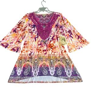 One World Womens S Purple Paisley Floral Tunic Top Bell Sleeve Crochet Boho NWT